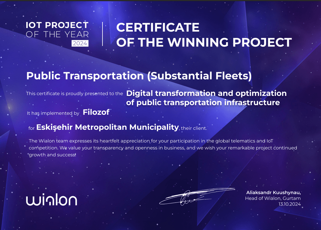 Wialon IoT Project of the Year 2024 — Certificate of the Winning Project